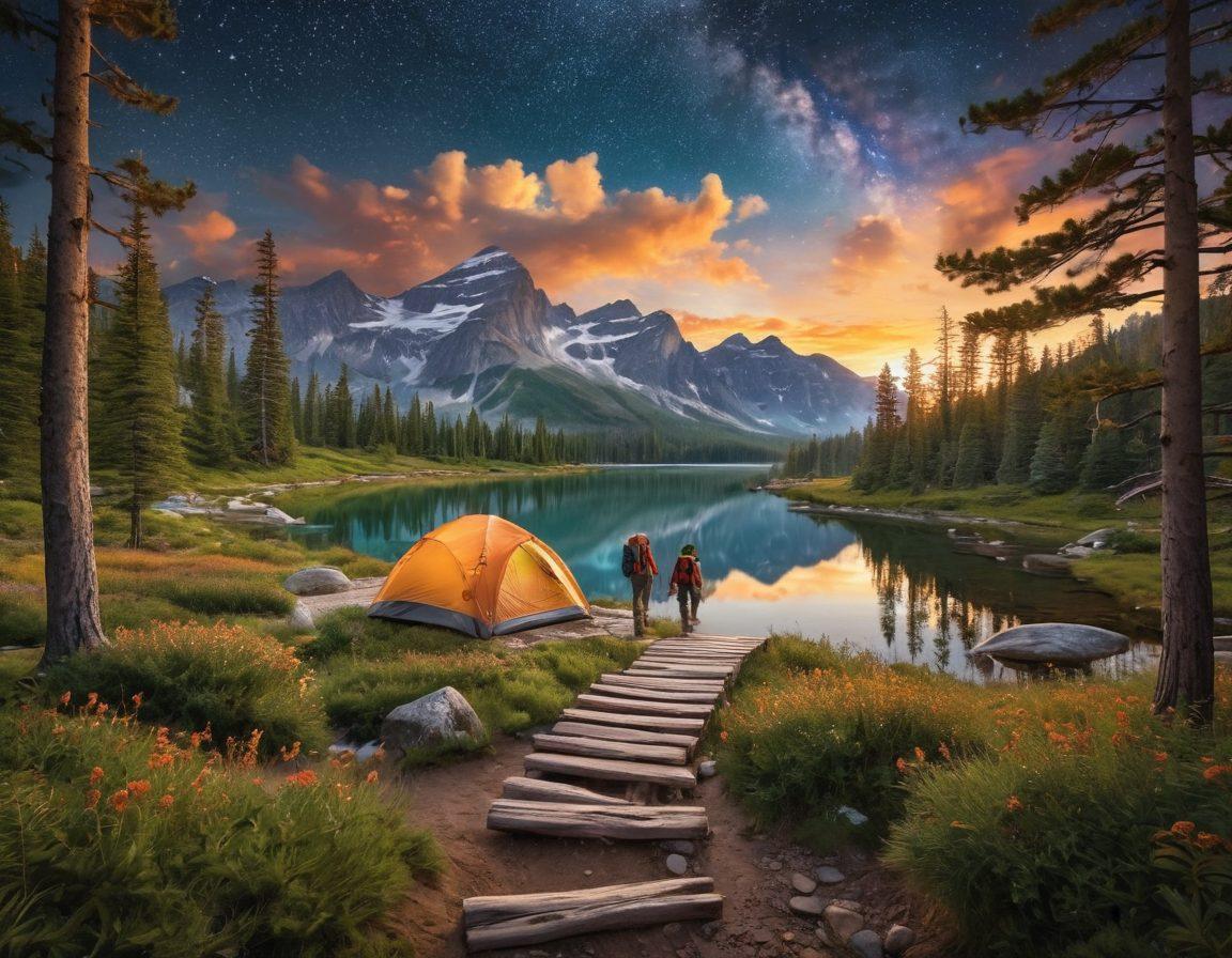 A breathtaking mountain vista with a serene lake reflecting the surrounding pine trees, a cozy tent pitched near a crackling campfire under a starlit sky, and hikers with backpacks eagerly exploring the trail. Majestic wildlife such as deer and eagles completing the adventurous atmosphere. super-realistic. vibrant colors. wide-angle view.