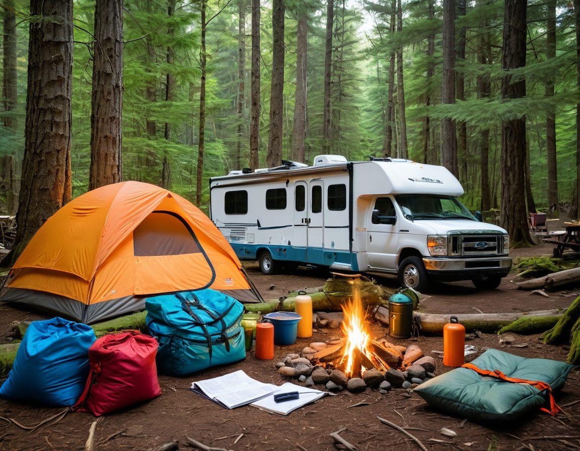 A vibrant campsite scene showcasing a transition from a cozy tent setup to a luxurious RV, with a scenic forest background. Include camping essentials like a campfire, cooking gear, backpacks, and a checklist being filled out. Capture the excitement and organization of the preparation phase. Detailed and lively. super-realistic. vibrant colors.