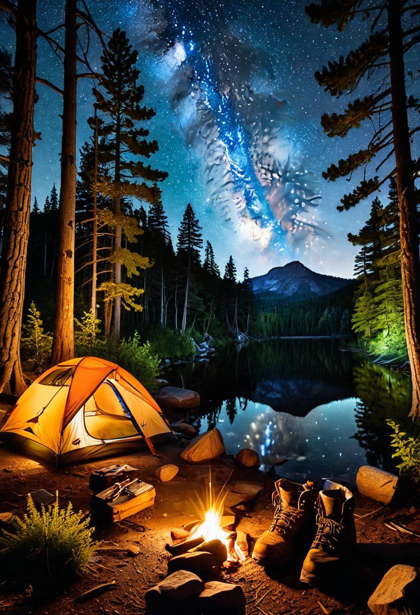 A serene, picturesque campsite nestled in a lush forest by a calm, reflective lake. Show tents of different styles, a cozy campfire with marshmallows roasting, and essential camping gear like backpacks, lanterns, and hiking boots. Include explorers of all ages enjoying nature, hiking trails, and a starry night sky. Super-realistic. Vibrant colors.